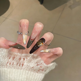 【奶咖焦糖】手工穿戴甲秋冬气质风抹茶色法式爆闪香槟猫眼美甲贴