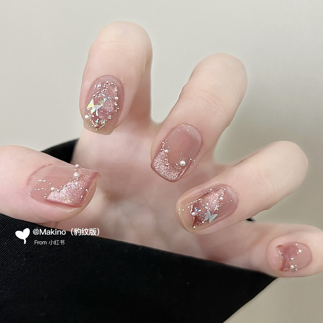纯欲裸粉蝴蝶来信猫眼手工穿戴甲2024年仙气冰透温柔假指甲贴片,彩妆/香水/美妆工具,美甲工具,淘宝优惠券,粉丝福利购,淘宝优惠卷