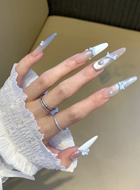 【告白蓝】手工穿戴甲甜欲蓝色系清透星河猫眼蝴蝶结珍珠甜美美甲