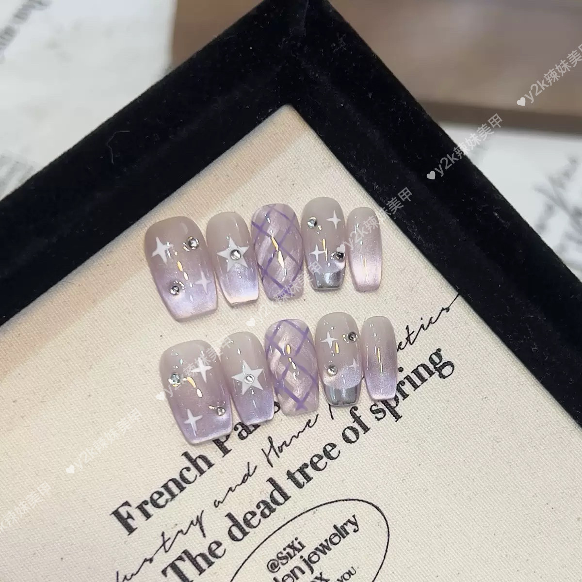 纯手工穿戴甲高级感紫色猫眼星星梦影追光猫眼法式格纹气质美甲贴,彩妆/香水/美妆工具,穿戴甲/甲片,淘宝优惠券,粉丝福利购,淘宝优惠卷