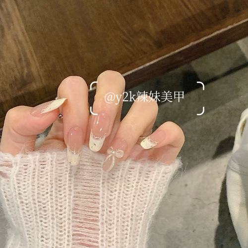 手工穿戴甲手绘小碎花氛围法式猫眼显白蝴蝶结甜美法式少女感美甲