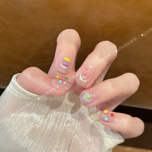 【小云朵】手工穿戴甲玻璃珠猫眼手捏立体糖豆花朵多巴胺波点美甲