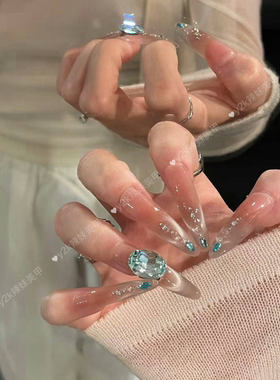 【鲛人泪】手工穿戴甲冰透裸色微笑法式猫眼蓝色碎钻温柔显白美甲