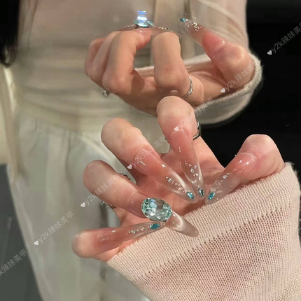 【鲛人泪】手工穿戴甲冰透裸色微笑法式猫眼蓝色碎钻温柔显白美甲