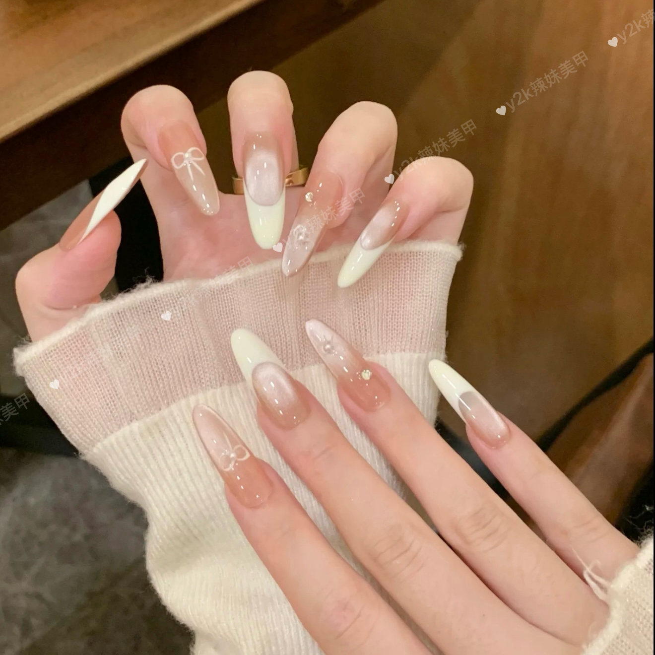 【甜心少女】手工穿戴甲温柔白开水猫眼奶杏法式手绘蝴蝶结美甲贴