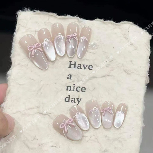 【公主日记】水光猫眼蝴蝶结纯手工穿戴甲中椭圆裸色冰透温柔美甲