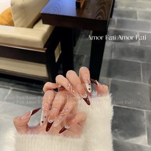 爆闪高级氛围感美甲贴 圣诞新年红色猫眼冰透酒红法式 酒渍布蕾