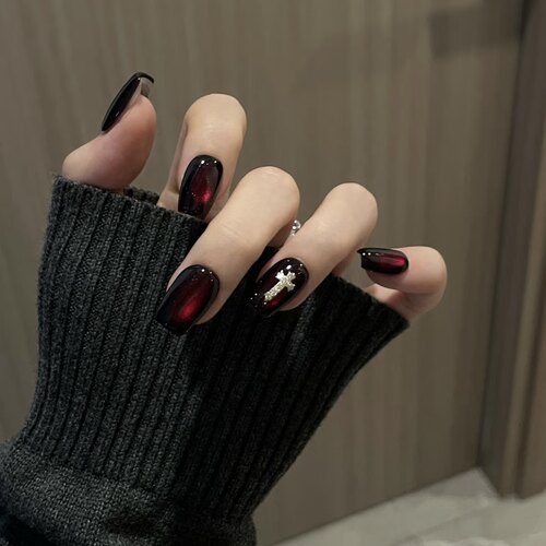 红宝石猫眼手工穿戴甲玻璃珠简约个性甜酷风克罗心十字架美甲短款