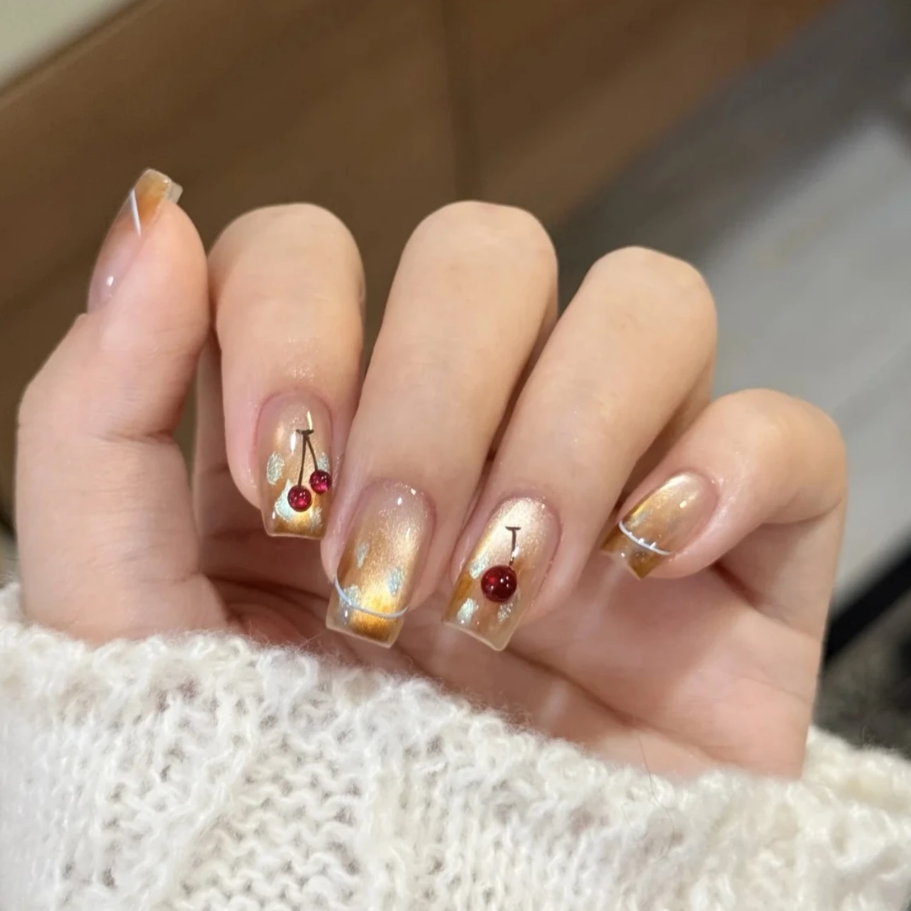 【水汪樱桃】法式琥珀猫眼纯手工穿戴甲甜美樱桃美甲短款温柔显白