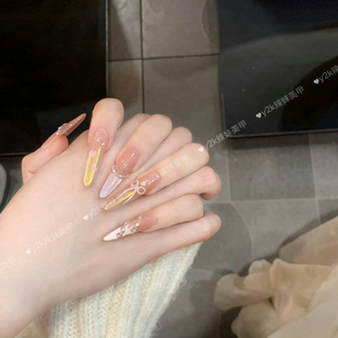 【甜心秘境】手工穿戴甲粉色法式猫眼渐变极光粉爱心蝴蝶结美甲贴