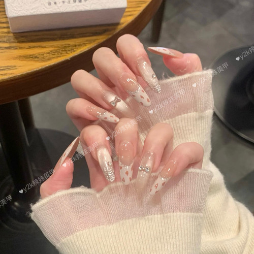 手工穿戴甲奶油豹纹粉色法式玻璃珠猫眼蝴蝶结锆石春夏氛围感美甲