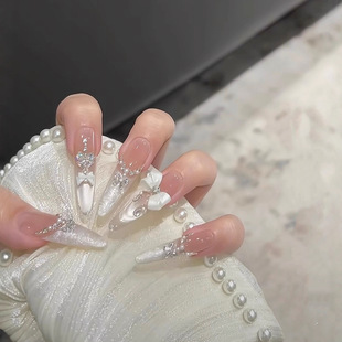 甜美蝴蝶结显白高级感美甲 纯手工穿戴甲温柔白色法式 白色恋人