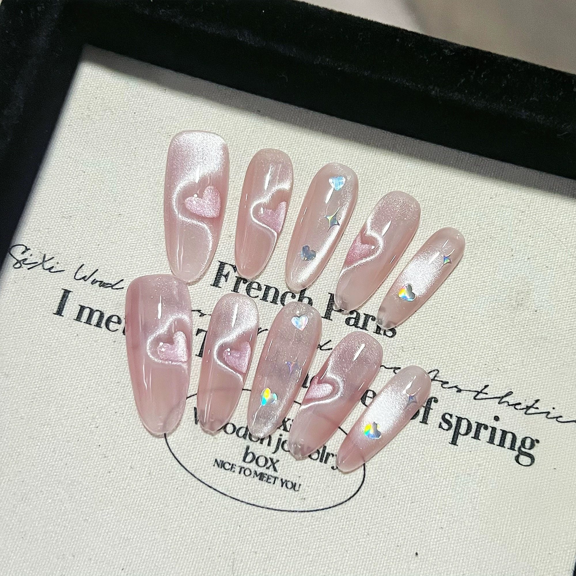 白桃冰沙纯手工穿戴甲长款粉色猫眼美甲贴爱心爆闪清新可拆卸甲片,彩妆/香水/美妆工具,穿戴甲/甲片,淘宝优惠券,粉丝福利购,淘宝优惠卷