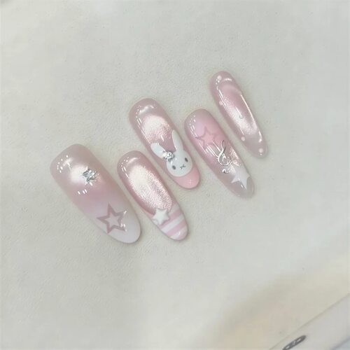 【米菲兔】纯手工穿戴甲可爱兔甜美风猫眼波点星星显白法式美甲贴