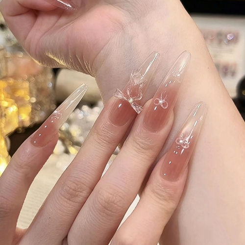 【半盏桃晶】纯手工穿戴甲渐变腮红猫眼高级甜美蝴蝶结显白美甲贴