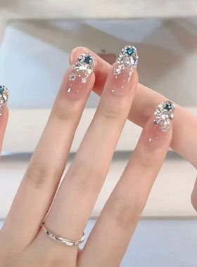 【深海碎星】纯手工穿戴甲深蓝色闪钻高级显白法式满钻美甲贴短款