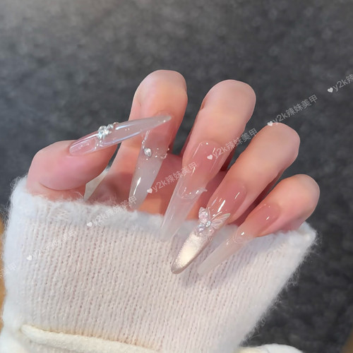 【迷失蝴蝶】手工穿戴甲碎钻蝴蝶温柔裸色纯欲感渐变猫眼气质美甲