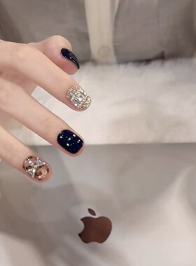 【牛仔豹纹】秋冬纯手工穿戴甲豹纹猫眼蓝色系高级显白美甲贴短款