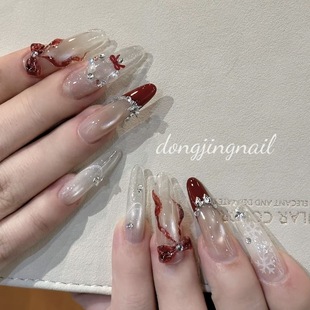 【冬日颂歌】纯手工穿戴甲圣诞节秋冬氛围感珍珠猫眼雪花酒红法式