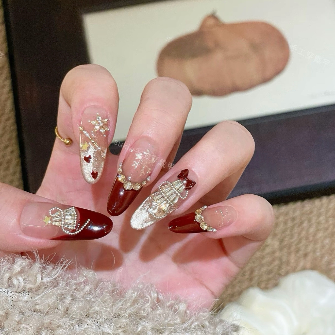 【圣诞派对】纯手工美甲轻奢新年圣诞红色法式香槟猫眼高级美甲贴