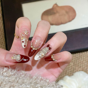 香槟猫眼高级美甲贴 纯手工美甲轻奢新年圣诞红色法式 圣诞派对