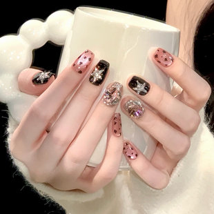 纯手工穿戴甲甜酷爆闪星星黑粉色豹纹猫眼堆钻秋日显白氛围感美甲