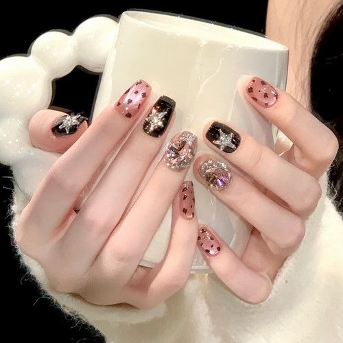 纯手工穿戴甲甜酷爆闪星星黑粉色豹纹猫眼堆钻秋日显白氛围感美甲
