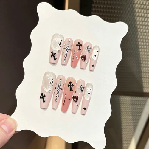 【甜丧十字架】手工穿戴甲粉色猫眼千禧亚文化辣妹十字架碎钻美甲
