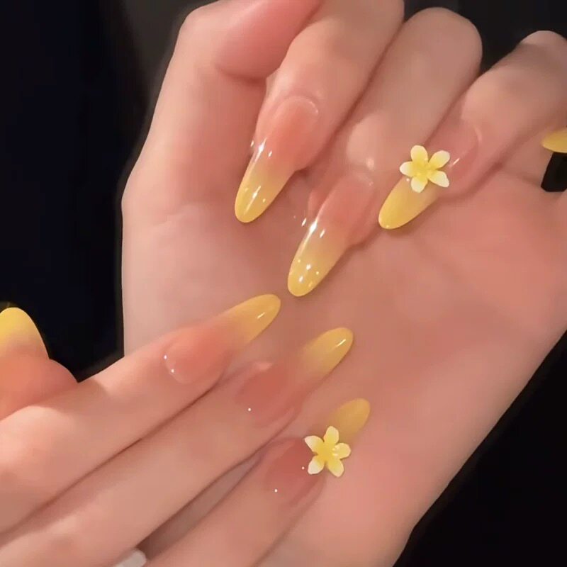 【小黄花】手工黄色穿戴甲氛围感海岛风小清新鸡蛋花渐变腮红美甲