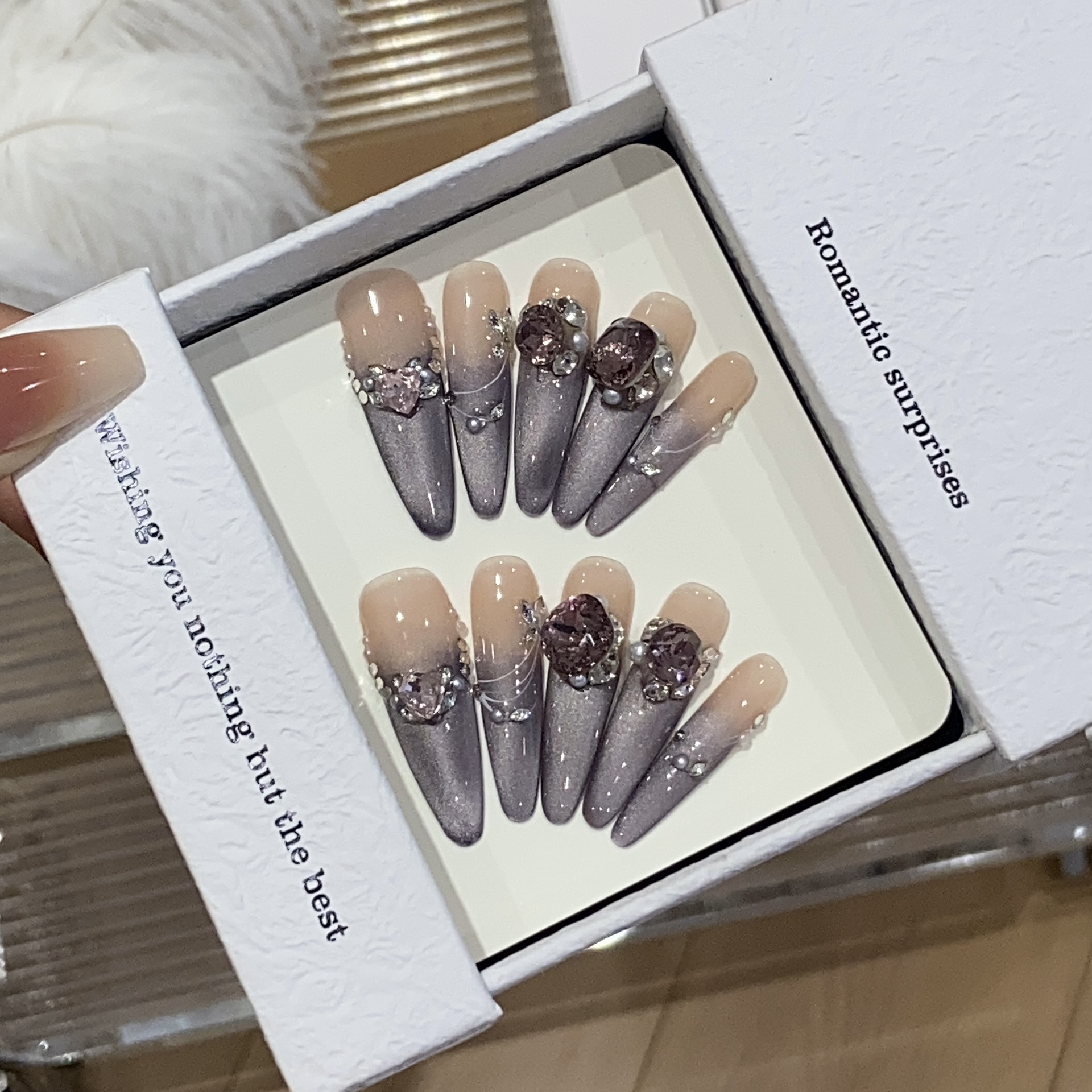 纯手工紫罗兰法式蝴蝶爱心美甲一秒心动穿戴甲气质高级可拆卸贴片