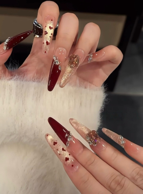 圣诞新年红色猫眼手工穿戴甲冬日浪漫爆闪玫瑰金猫眼温柔显白美甲