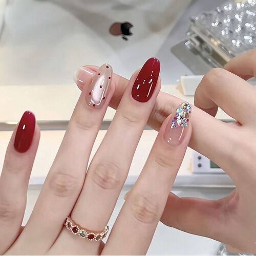 【少女时代】纯手工穿戴甲波点猫眼红色亮片高级显白美甲贴片短款