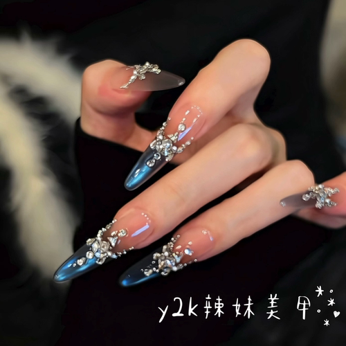【极光繁星】手工穿戴甲蓝色猫眼气质美甲百搭仙女款显白满钻美甲