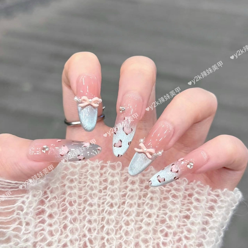海盐奶豹手工穿戴甲法式豹纹爱心蝴蝶结气质可爱冰蓝色猫眼美甲贴