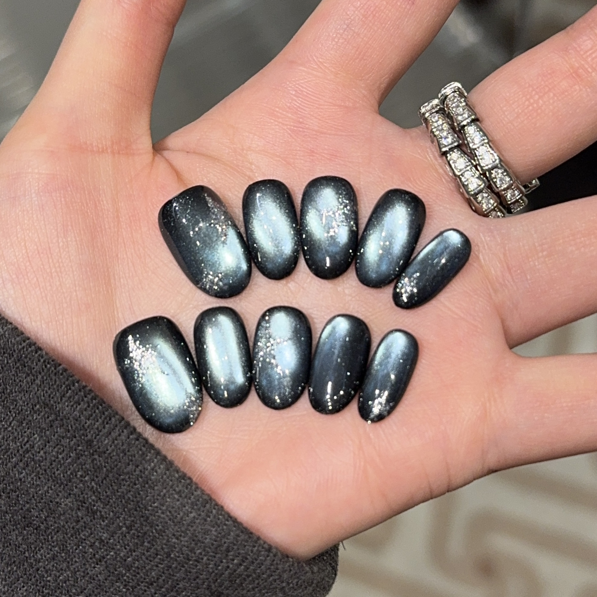 【暗夜银星】纯手工穿戴甲个性甜酷黑蓝色猫眼手绘星星短款美甲贴