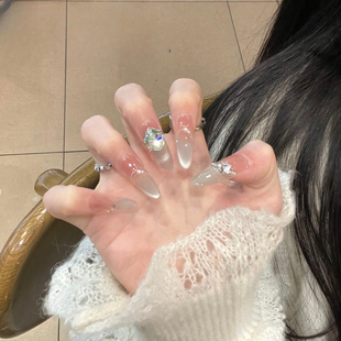 蜜桃月光 手工穿戴甲爆闪渐变银闪玻璃珠追光猫眼温柔蜜桃美甲
