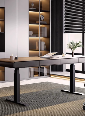 电动升降圆角书桌轻奢现代实木书房意式极简电脑办公桌工作台家用