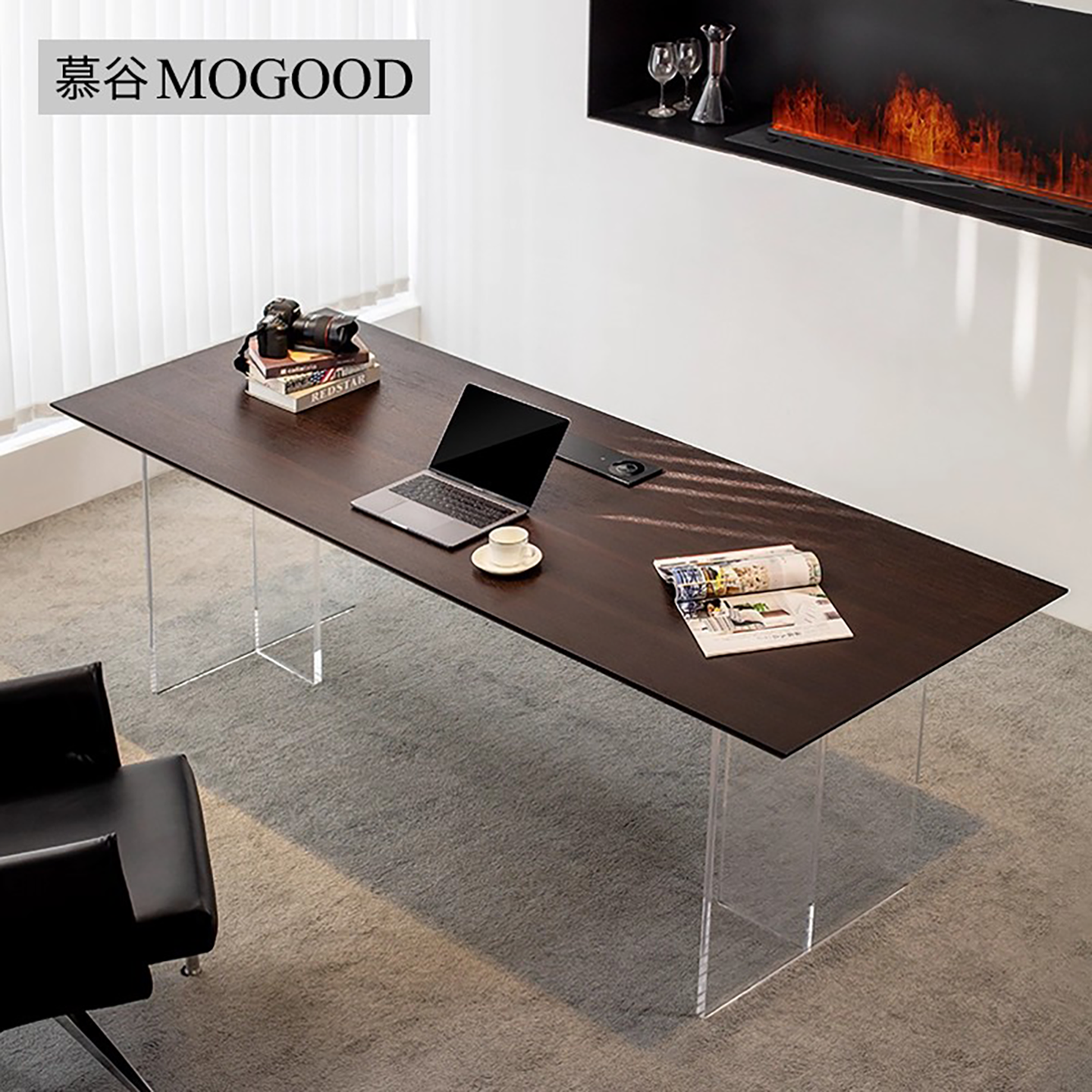 悬浮亚克力实木多层板意式书桌