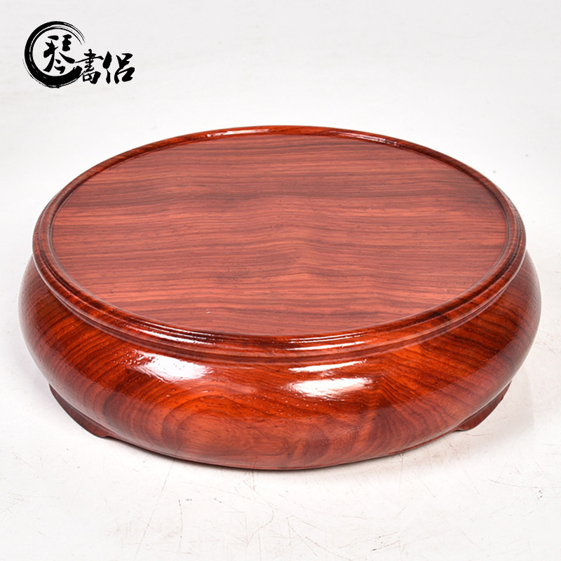 整料红花梨木雕光圆形花瓶底座简约风格花盆景奇石摆件底座实木架