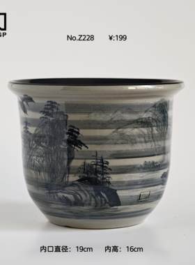直播孤品 超大手绘青花盆 Z228 内口直径19cm 内高16cm