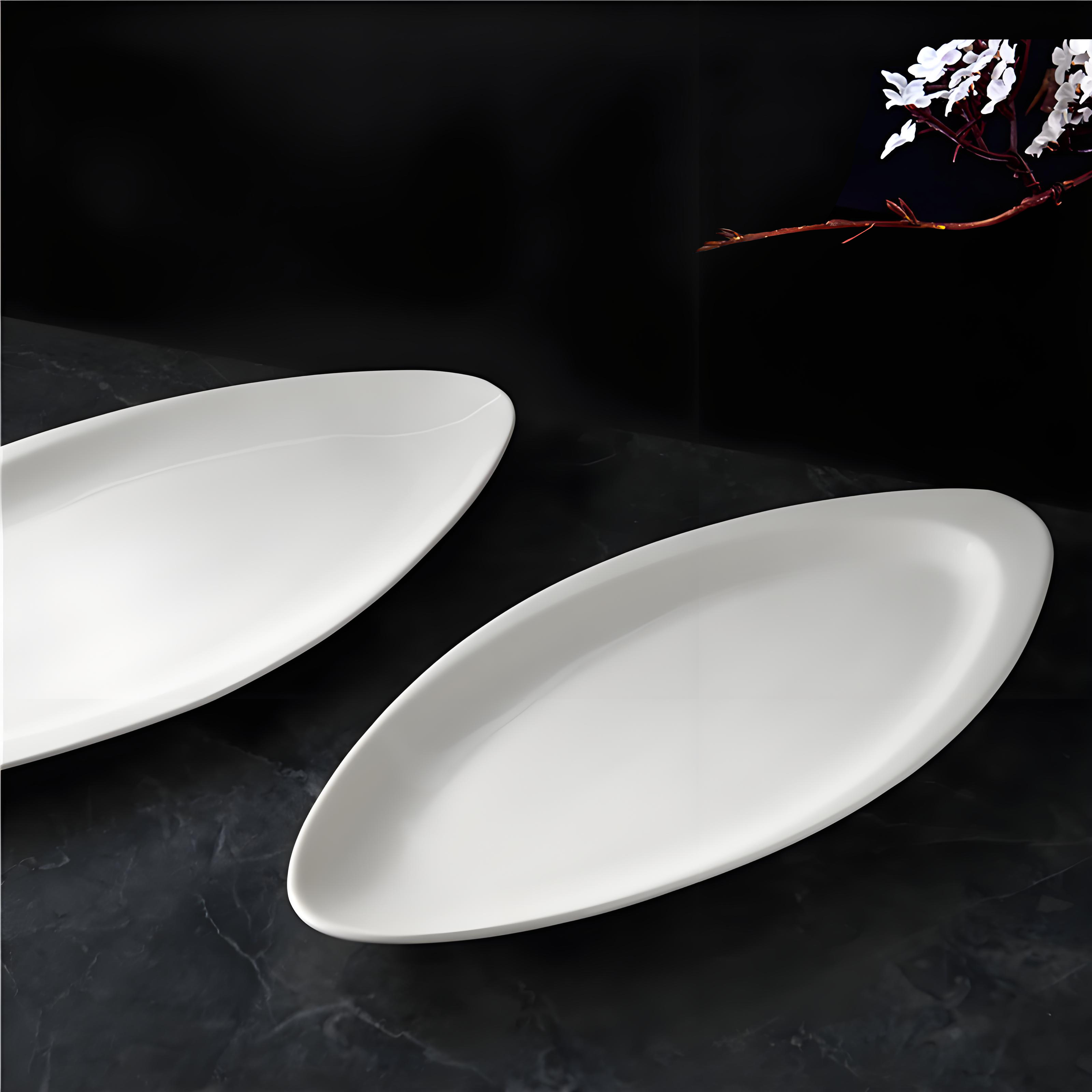 新中式純白陶瓷魚盤酒店會(huì)所大號(hào)橢圓形菜盤創(chuàng)意私房菜不規(guī)則湯盤