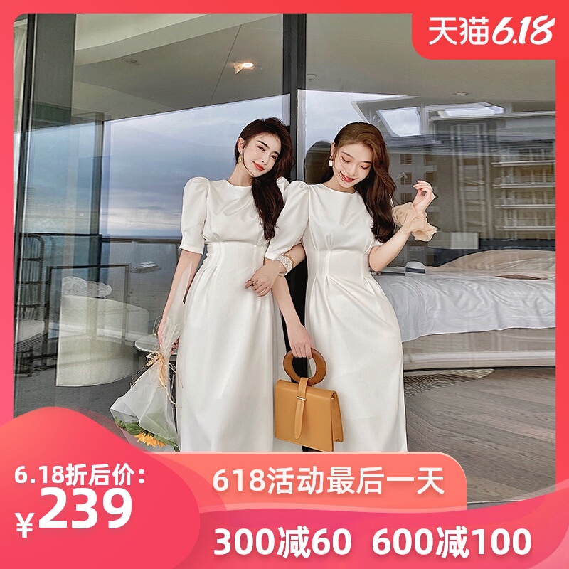 众客加品泡泡袖连衣裙女中长款气质名媛仙女法式白色2020春秋新款