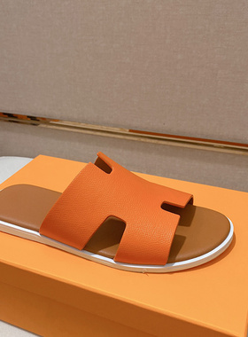 邦家尼欧洲站真皮男拖鞋一字拖橙色嘻哈男鞋凉拖鞋发型师外穿男