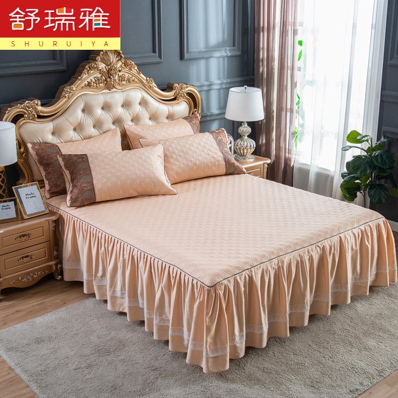 全棉欧式60支长绒棉贡缎蕾丝刺绣床裙夹棉裙套床罩三件套包邮