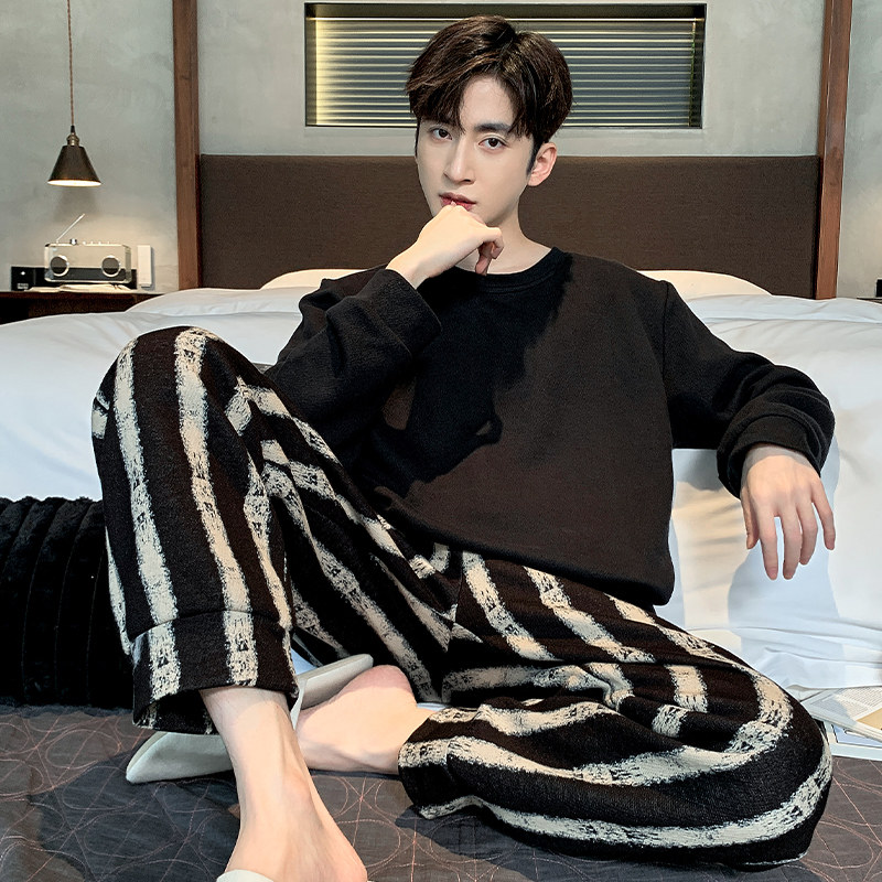 PAJAMAS MENS AUTUMN COTTON LONG SLEEVE YOUTH BLACK PLAID SPRING AND AUTUMN STYLE CAN BE WORN OUTSIDE PLUS SIZE LOUNGEWEAR SET AUTUMN
