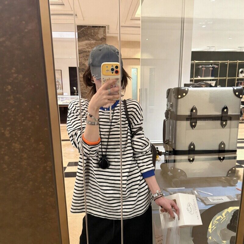 单款！蓝橘色小点缀经典撞色条纹 宽松圆领长袖T恤