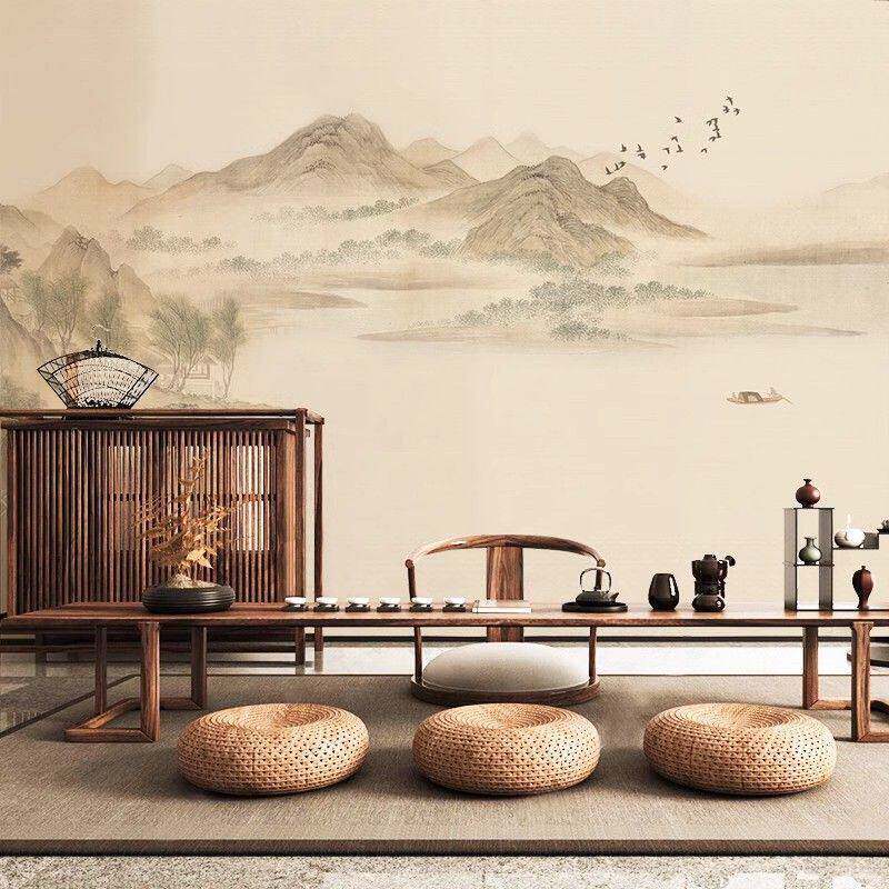 新中式电视背景墙壁纸禅意古风水墨山水墙纸暖色客厅书房茶室壁画