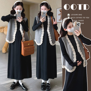孕妇装秋冬黑色针织打底连衣裙+小香风马甲两件套孕期高级感套装