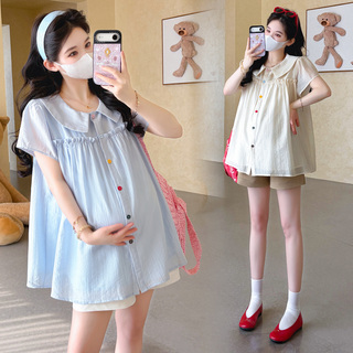 孕妇套装夏季时尚减龄娃娃领彩扣甜美娃娃衫雪纺上衣+短裤两件套