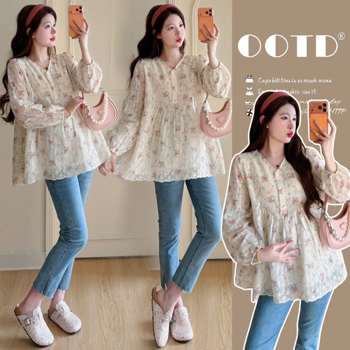 春季孕妇装新款潮妈刺绣上衣V领设计感大码碎花显瘦娃娃衫遮肚子